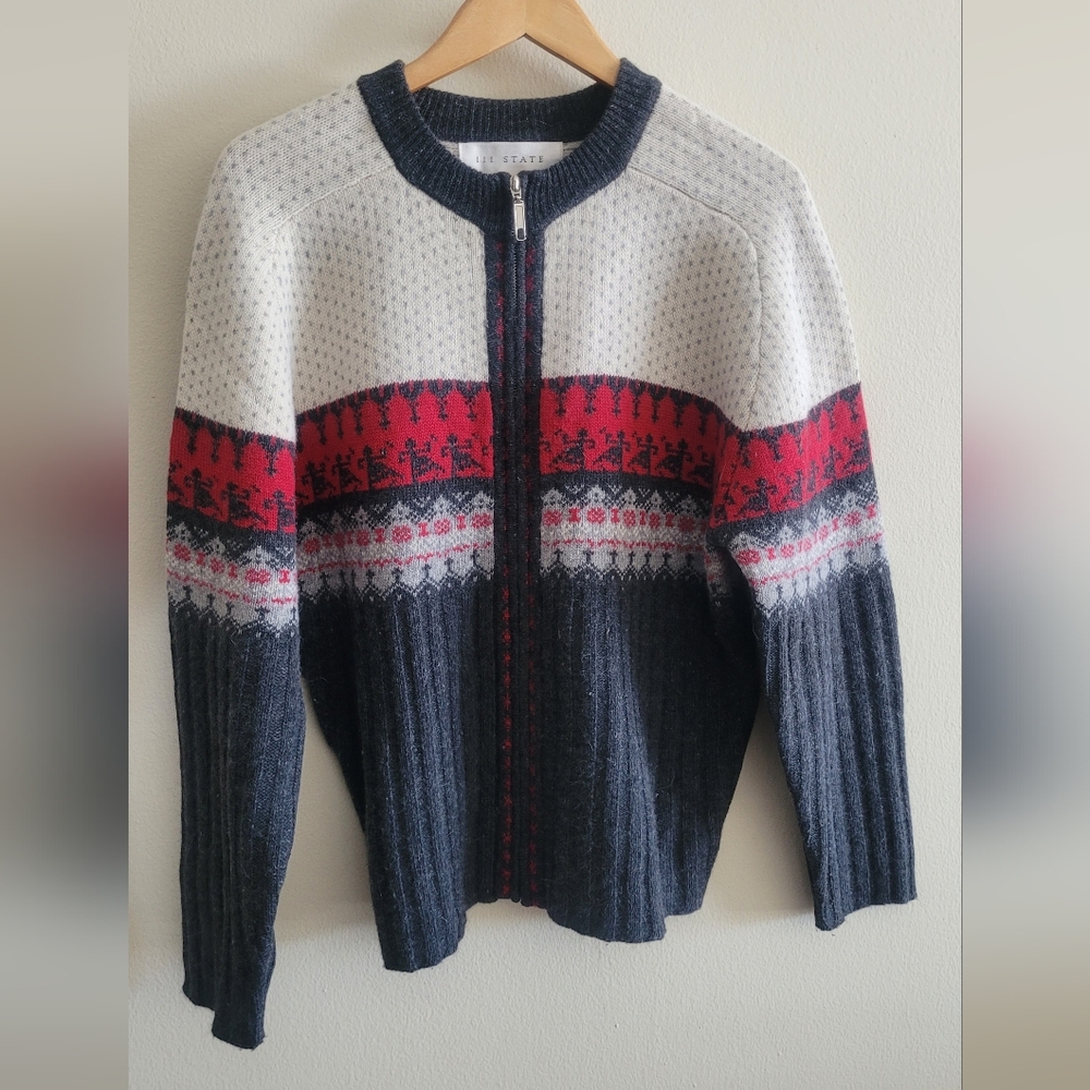 111 State wool & angora cardigan sweater Women's XL fair isle cream, red, grey.